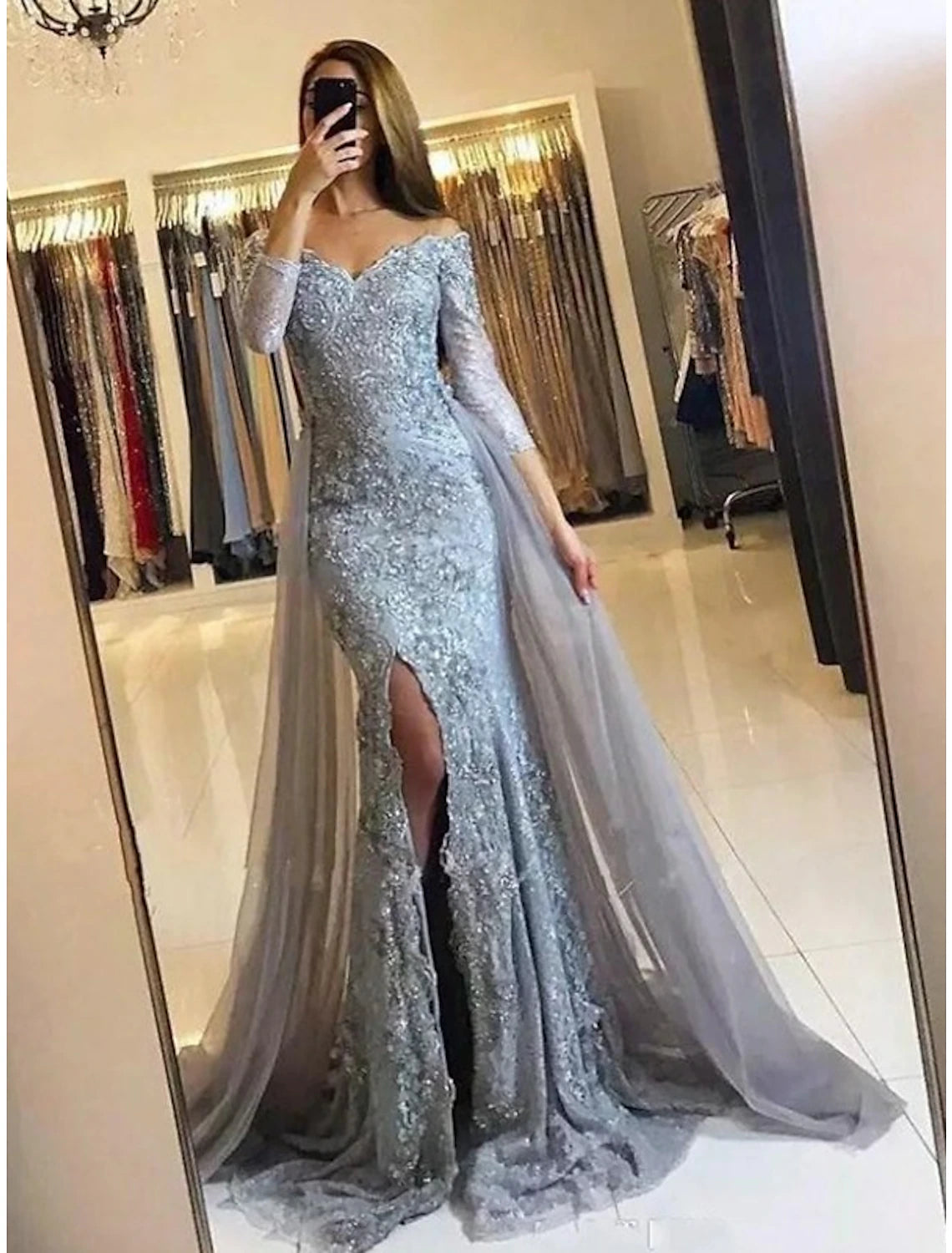 Meerjungfrau-Abendkleid, geblümtes Karnevalskleid, formelle Hochzeit, Schleppe/Pinselzug, lange Ärmel, schulterfrei, Herbsthochzeitsempfang, Chiffon mit Schlitzapplikationen