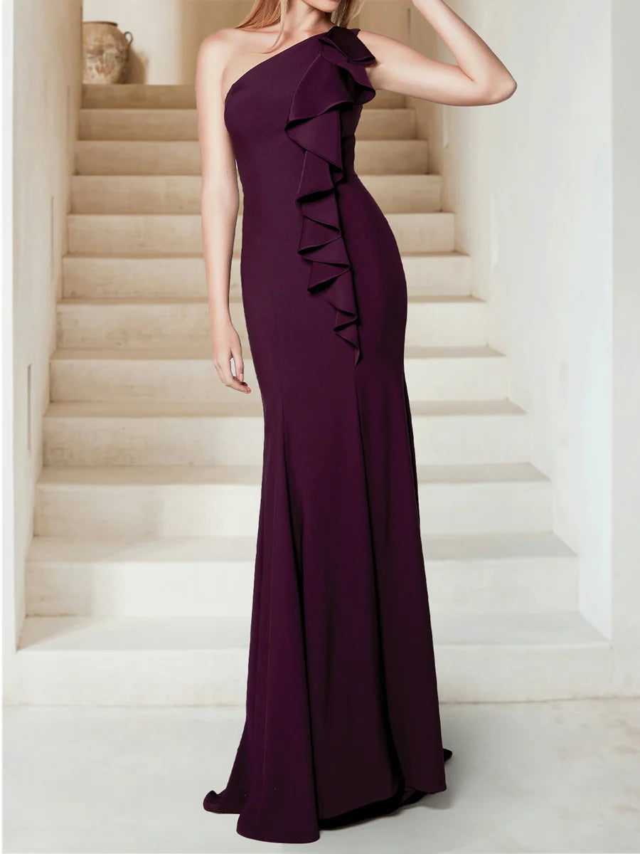 Trumpet/Tail Shoulder Sweep Train Wrinkle Side Openings Gowns Evening Dresses