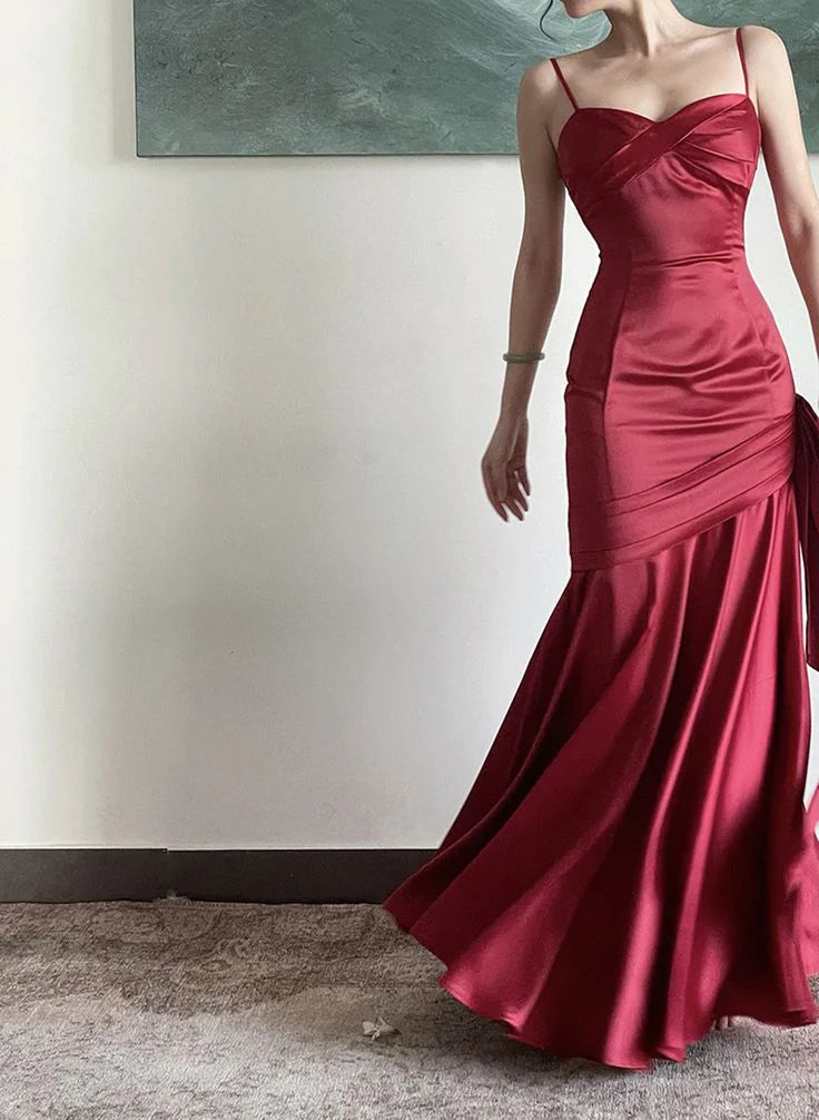 Thin shoulder strap red fish tail long style gowns evening dresses