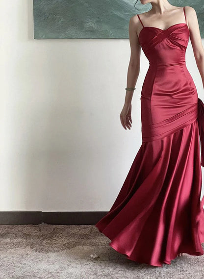 Thin shoulder strap red fish tail long style gowns evening dresses