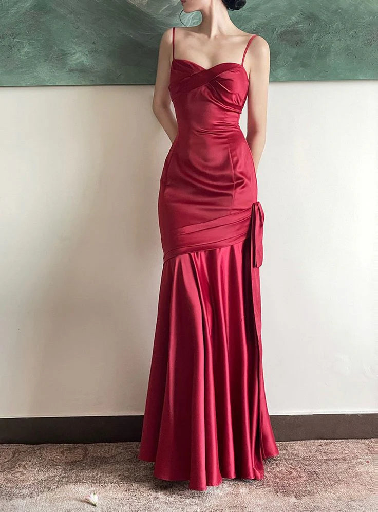 Thin shoulder strap red fish tail long style gowns evening dresses
