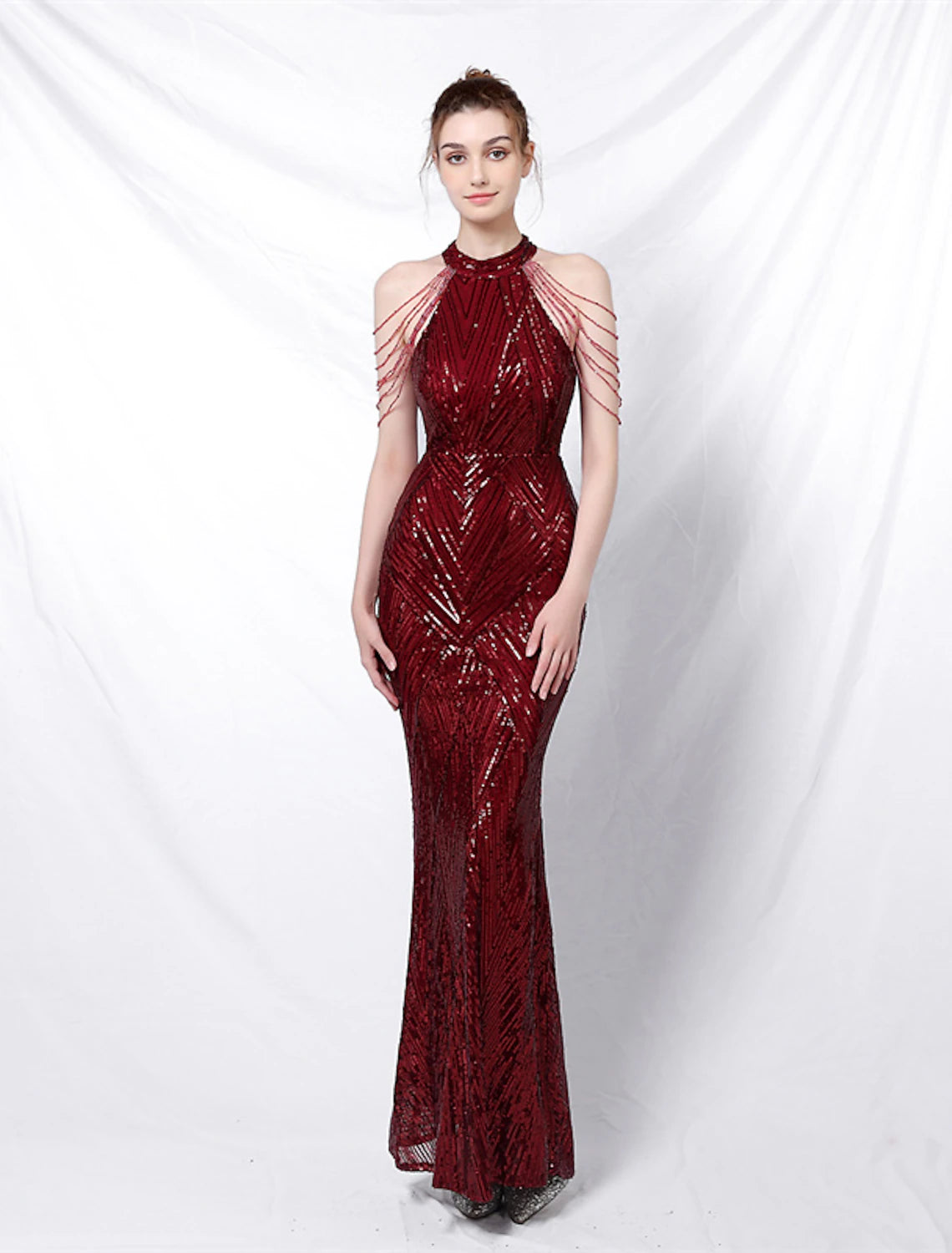 Meerjungfrau-Partykleid, Ballkleid, funkelndes und glänzendes Kleid, formelle Hochzeitsgäste, bodenlang, ärmellos, Neckholder, mit Pailletten