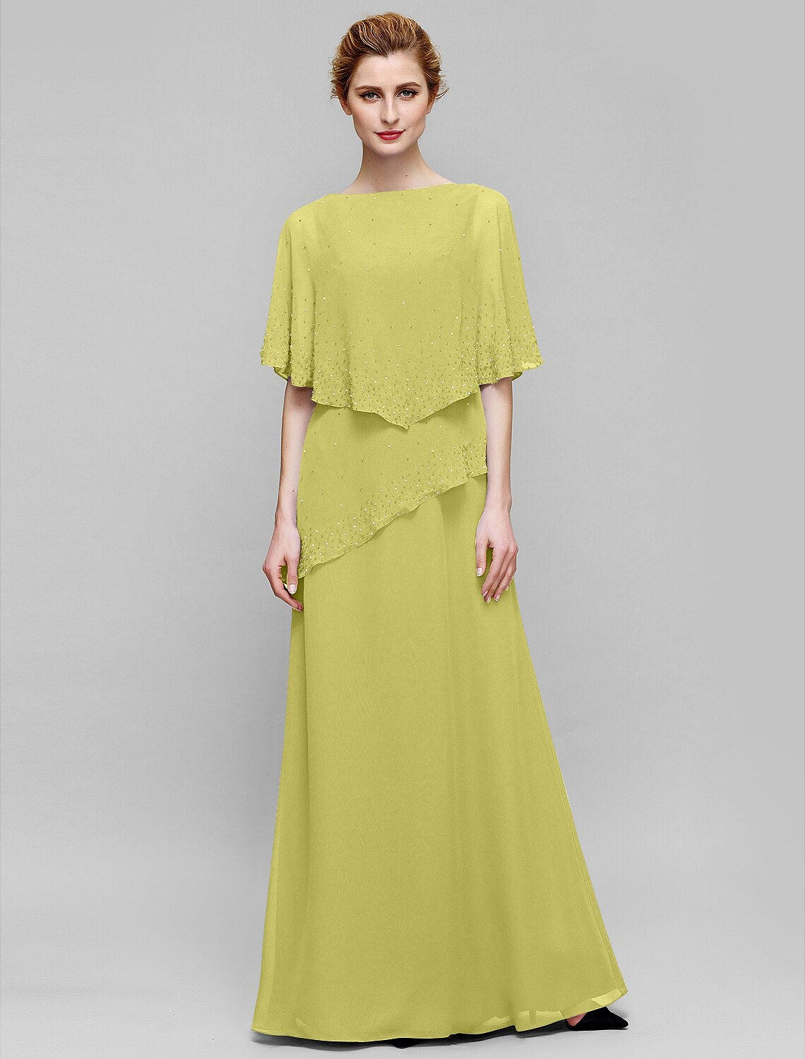 Etuikleid/Säulenkleid für die Brautmutter, elegant, U-Boot-Ausschnitt, bodenlang, Chiffon, ärmellos, mit Perlenstickerei