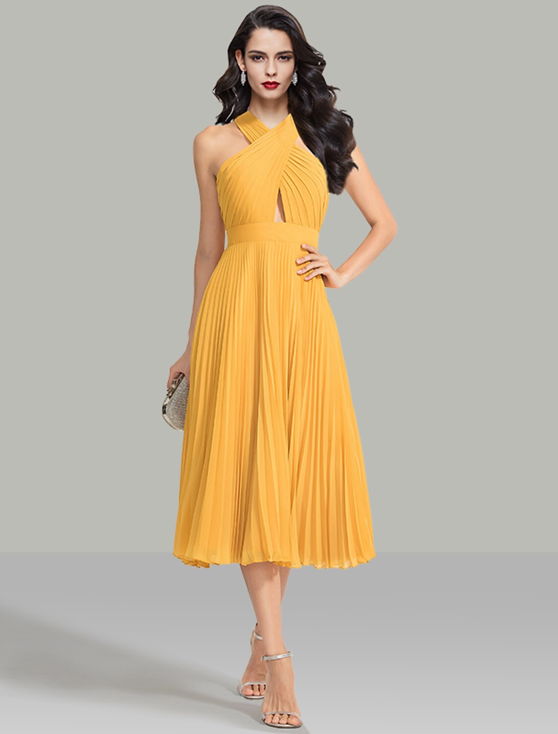 Robe de mariée trapèze élégante, robe de cocktail, robe de soirée, longueur thé, sans manches, col licou, mousseline avec fronces