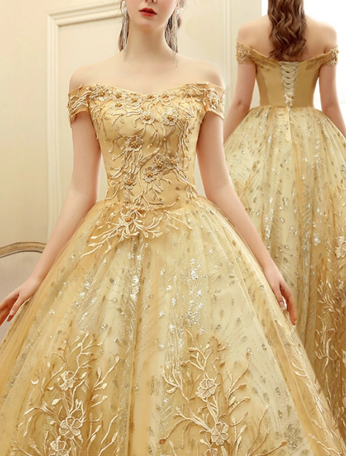 Robe de bal trapèze élégante, longueur au sol, manches courtes, épaules dénudées, tulle avec perles et broderies à paillettes