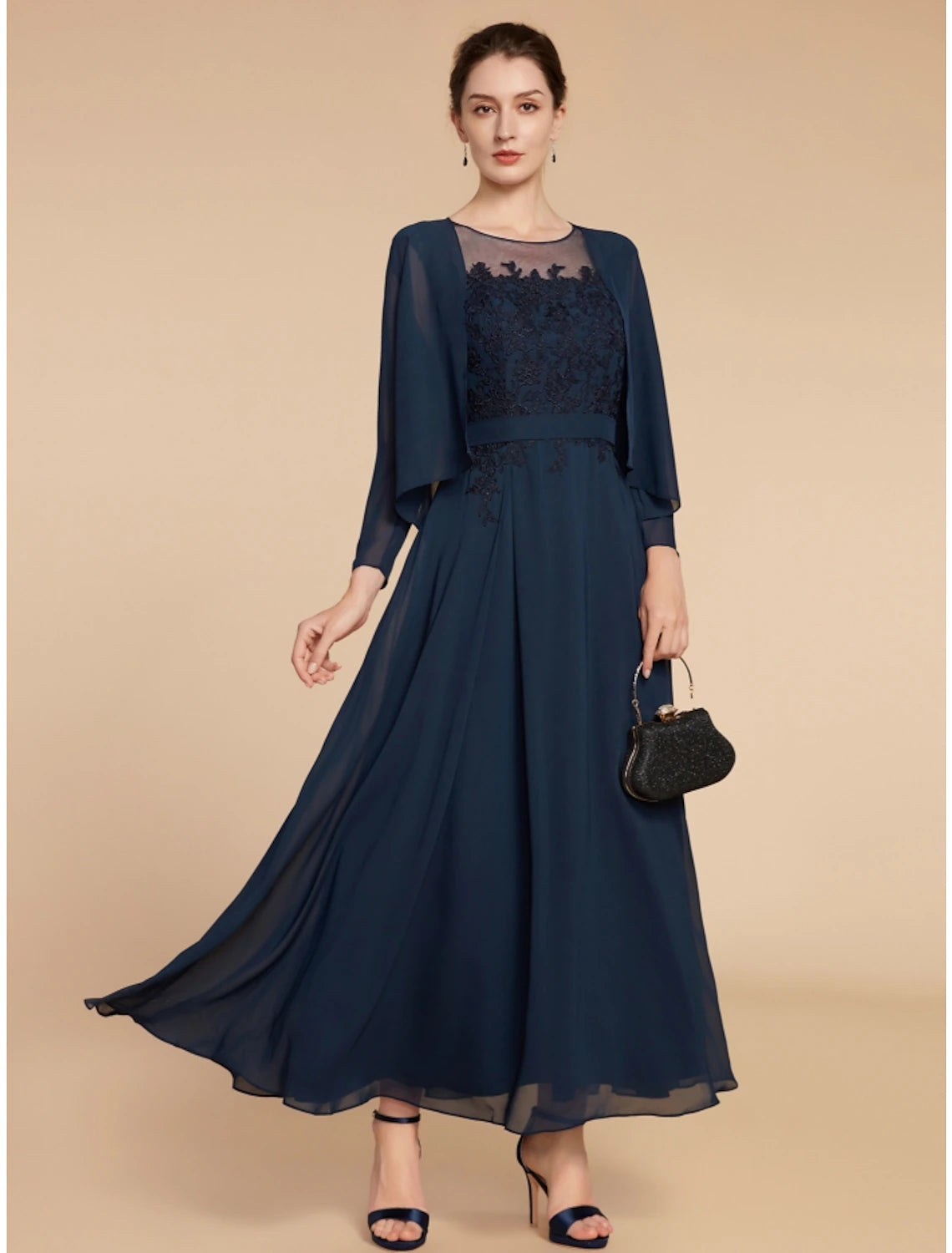 A-Linie Kleid für die Brautmutter, Hochzeitsgast, elegant, Rundhalsausschnitt, knöchellang, Chiffon, Spitze, lange Ärmel mit Rüschen, einfarbig