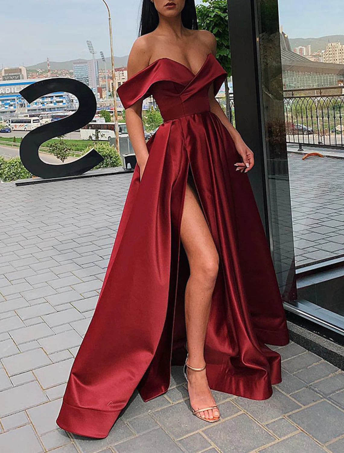 A-Linie Abendkleid Promikleid Rot Grün Kleid Abschlussball Bodenlang Kurzarm V-Ausschnitt Herbst Hochzeitsgast Satin mit Schlitz