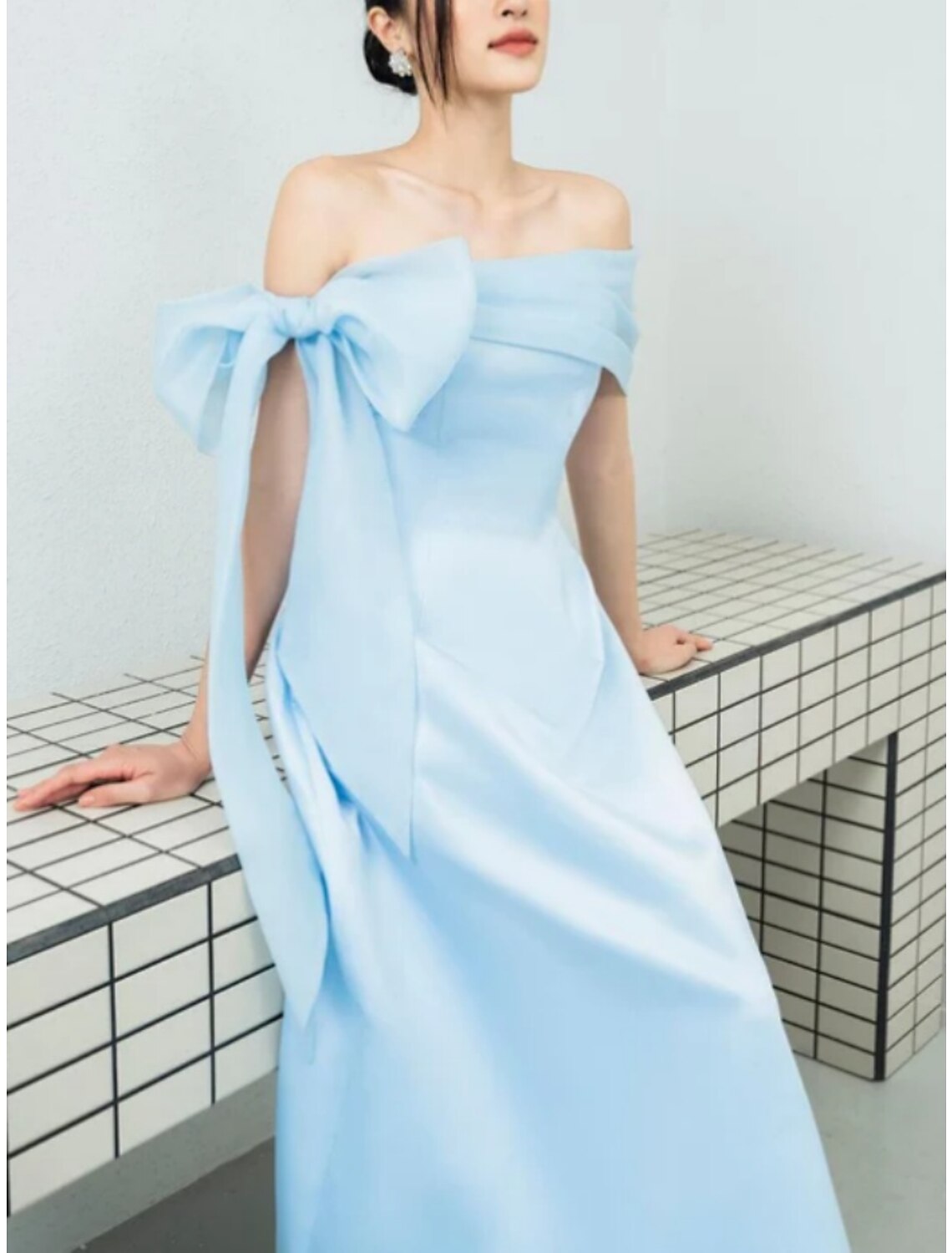 A-Line Evening Gown Elegant Dress Formal Ankle Length Short Sleeve Off Shoulder Imitation Silk with Bow(s) Pleats