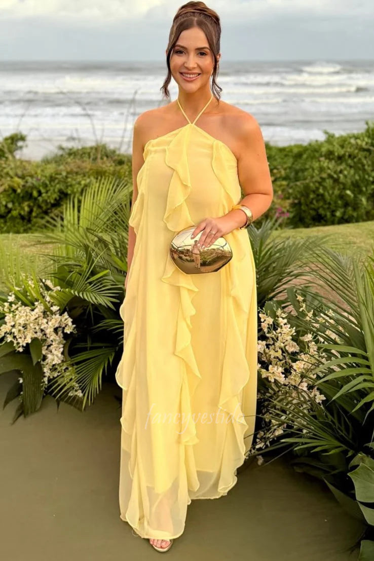 Yellow A-Line Halter Neck Ruffle Chiffon Long Prom Dress