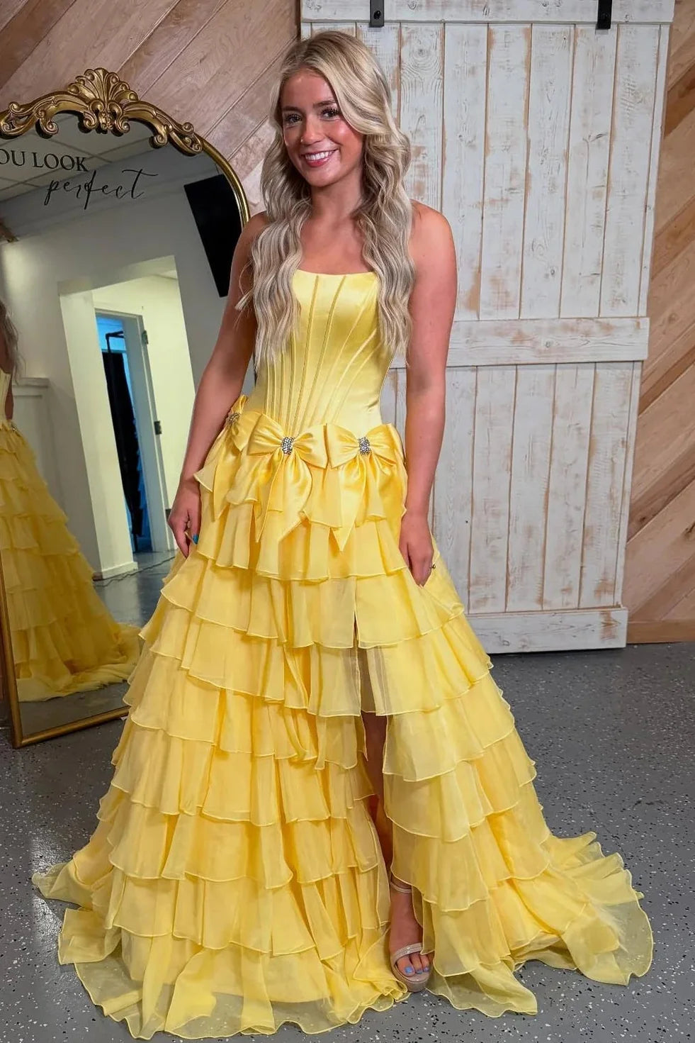 Yellow Strapless Corset Tiered Ruffle Tulle Prom Dress