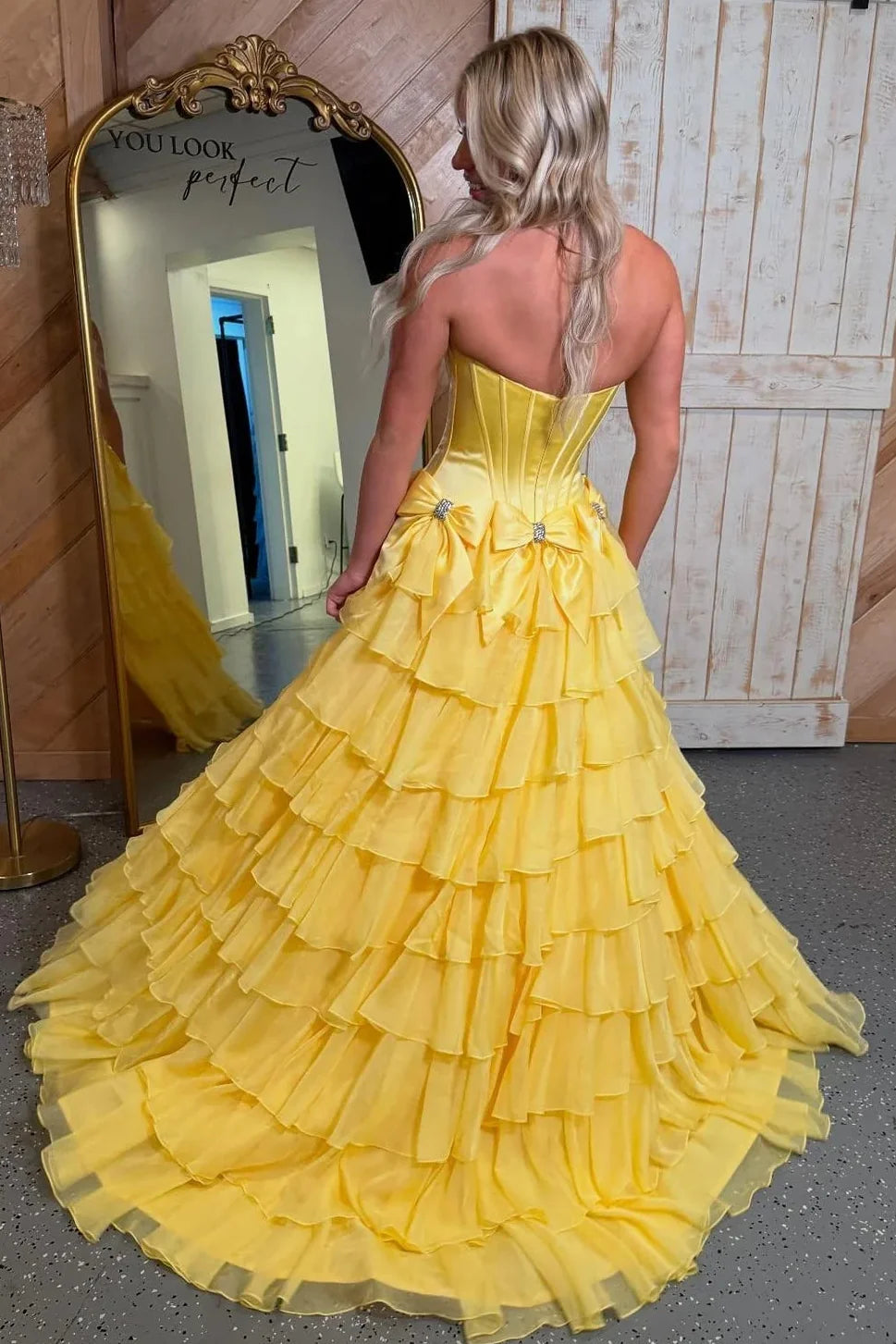 Yellow Strapless Corset Tiered Ruffle Tulle Prom Dress