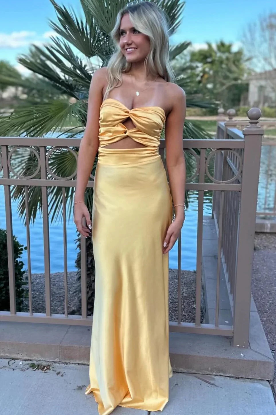 Yellow Strapless Satin Mermaid Dress with Twist Cutout