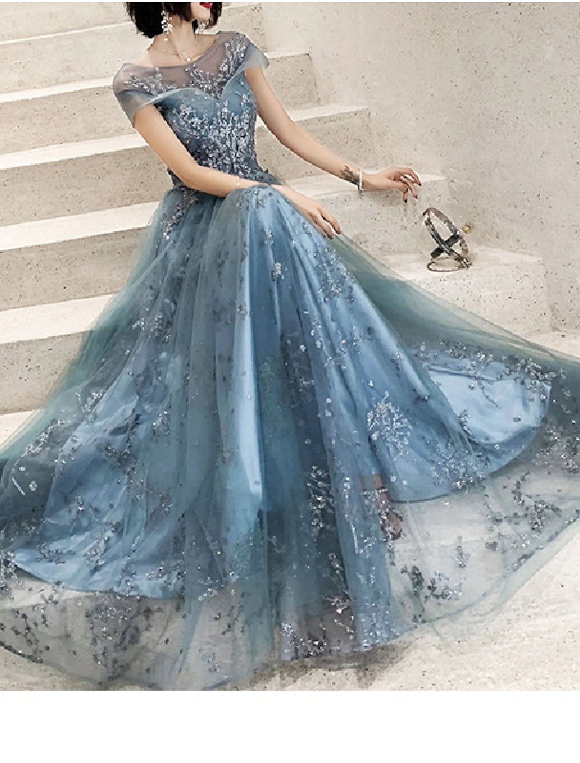 A-Linien-Kleid für die Mutter der Braut, Hochzeitsgast, elegant, Rundhalsausschnitt, bodenlang, Tüll, kurze Ärmel, mit Faltenapplikationen