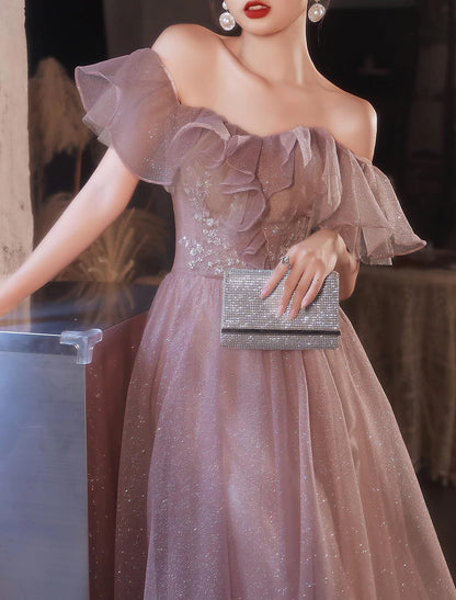 A-Line Beautiful Back Elegant Prom Formal Evening Birthday Dress Off Shoulder Short Sleeve Floor Length Lace with Appliques