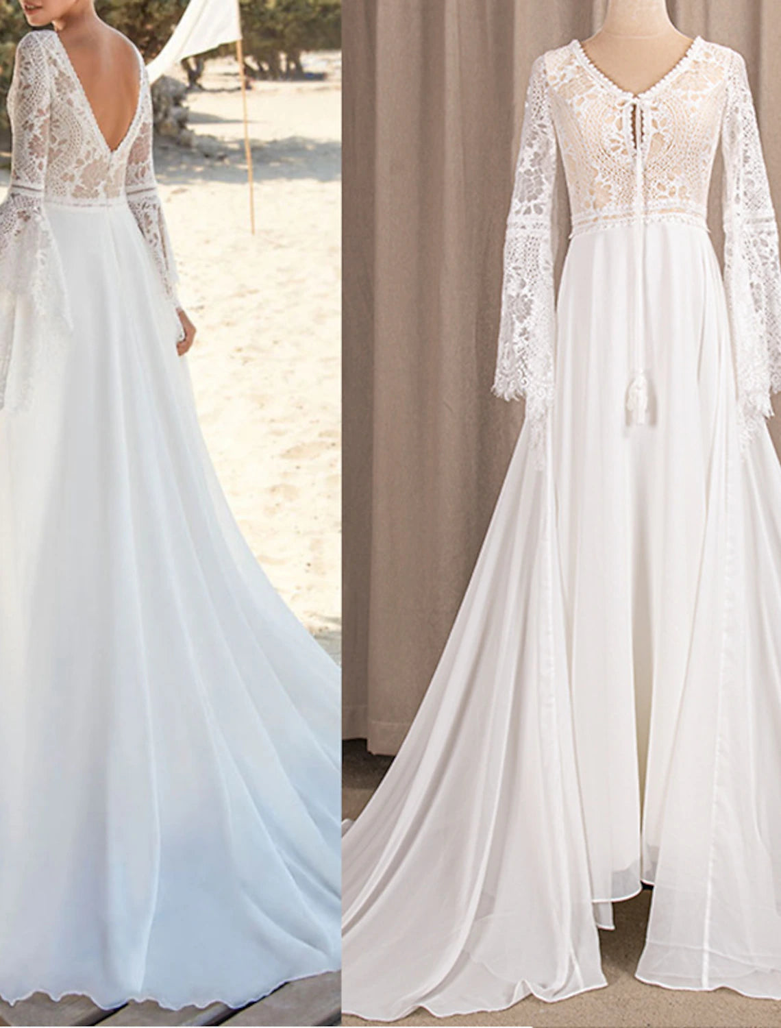 Robe de mariée bohème dos nu, coupe trapèze, col en V, manches longues, traîne courte, en mousseline de soie, avec plis