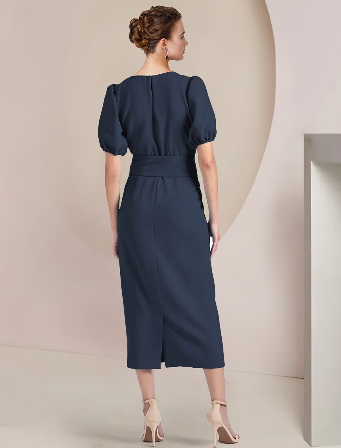 Etuikleid/Säulenkleid für die Mutter der Braut, formeller Hochzeitsgast, elegant, Rundhalsausschnitt, bodenlang, Stretch-Chiffon, kurze Ärmel, mit Schärpe/Band