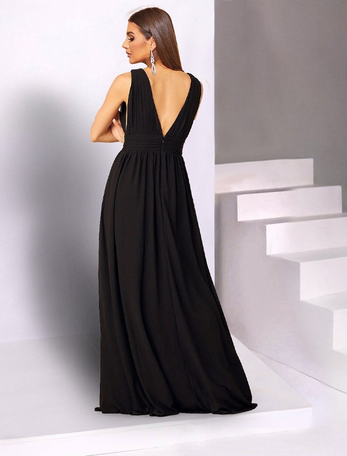 Robe de mariée trapèze élégante, robe de soirée de mariage, semi-formelle, longueur au sol, sans manches, col en V, en mousseline de soie avec fente
