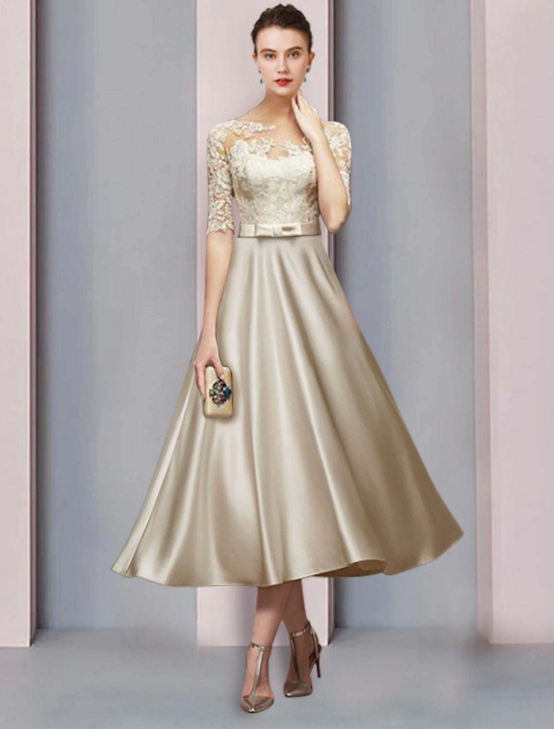 Etuikleid/Säulenkleid für die Brautmutter, Hochzeitsgast, elegantes Partykleid, U-Ausschnitt, bodenlang, Satin, Spitze, halbe Ärmel, mit Schleife(n), Falten