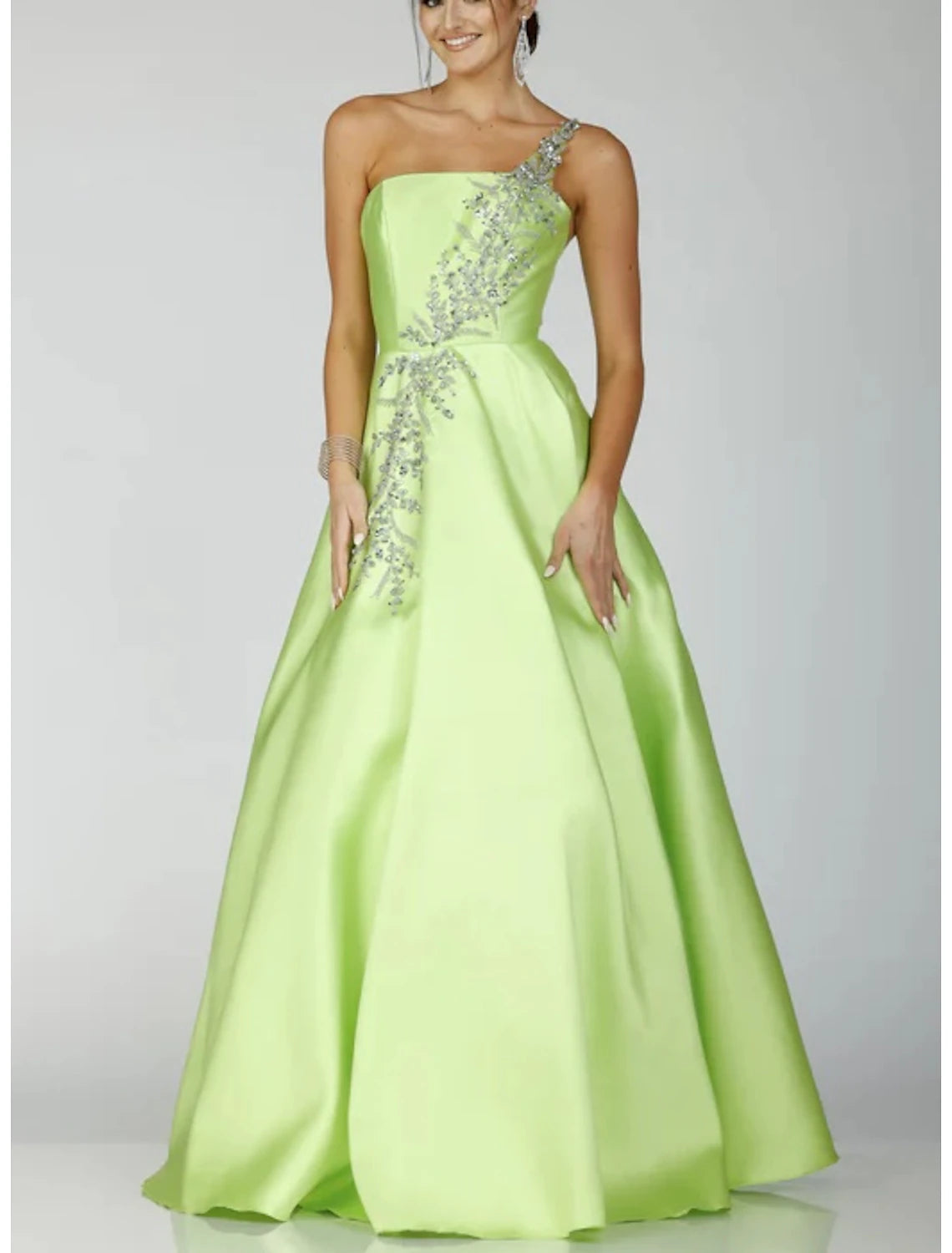 A-Line Prom Dresses Sparkle Dress Formal Prom Floor Length Sleeveless One Shoulder Satin Backless with Glitter Sequin