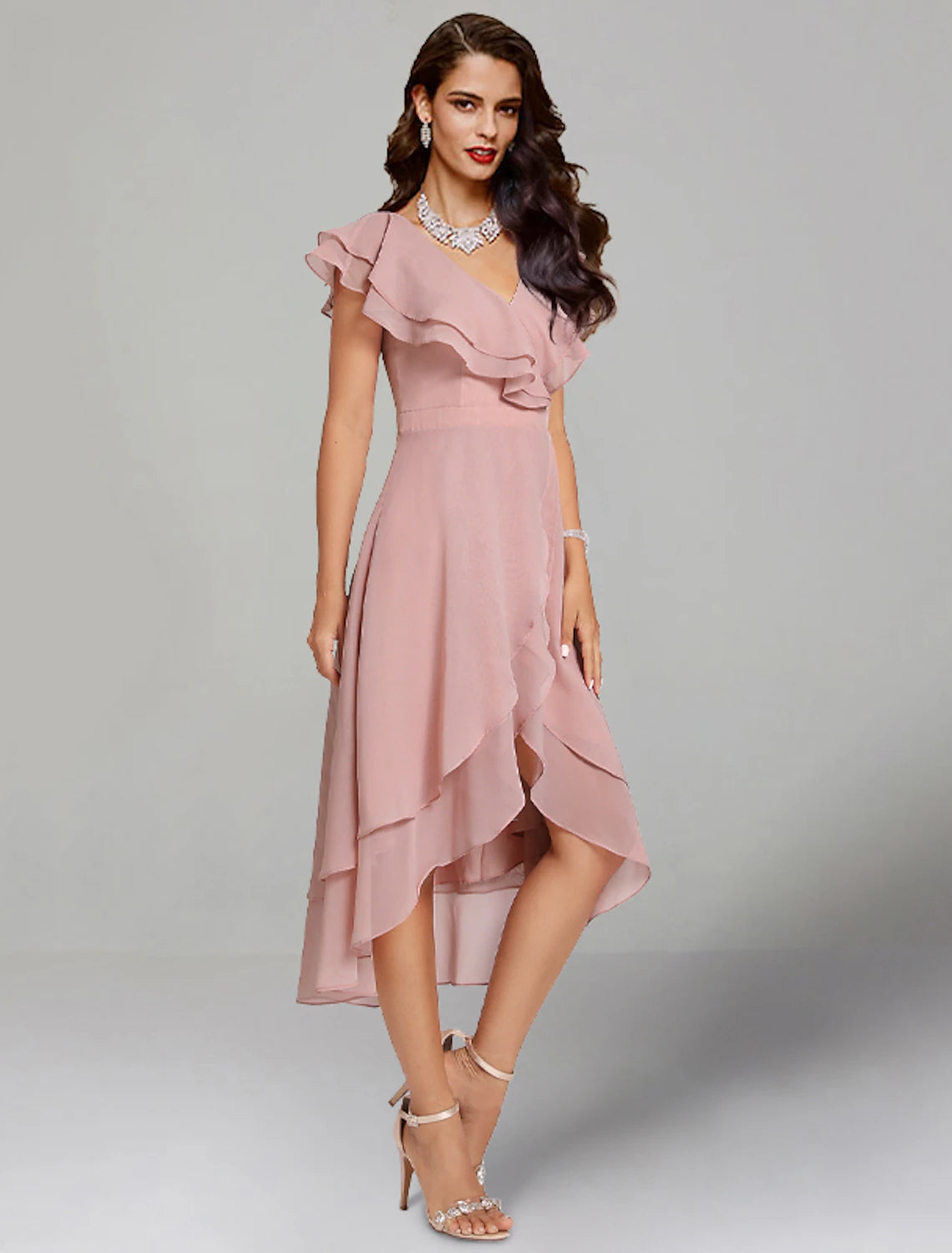 Robe de mariée trapèze élégante, robe de cocktail, robe semi-formelle, longueur thé, manches courtes, col en V, mousseline avec fente