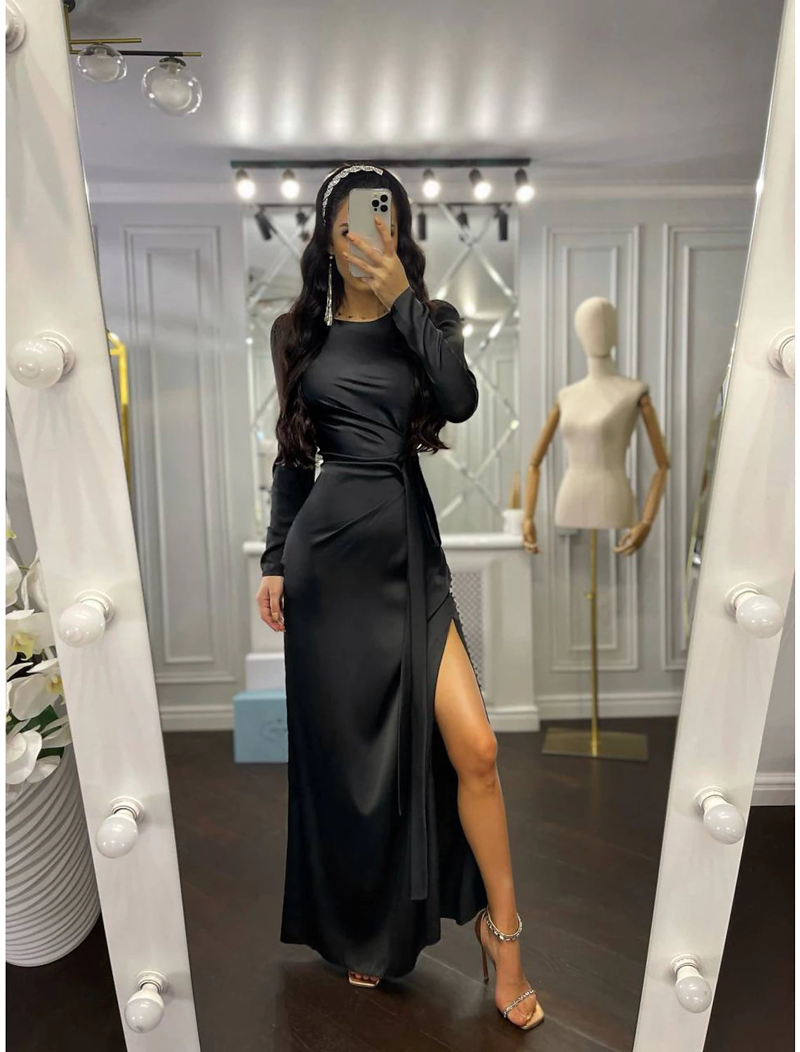 Etuikleid Partykleid Abendkleid Elegantes Kleid Hochzeitsgast Herbst Bodenlang Langarm Stehkragen Brautjungfernkleid Satin mit Rüschen