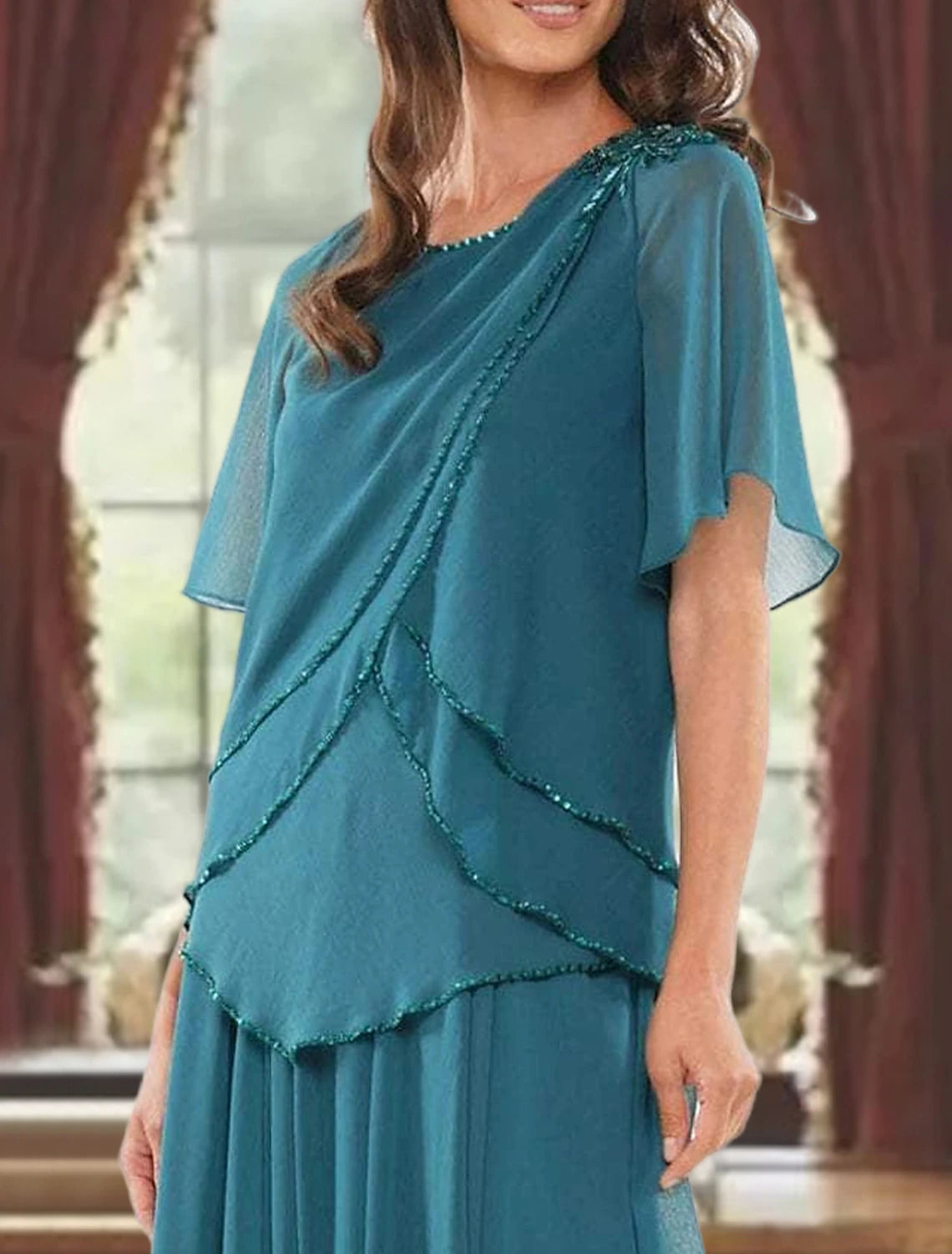 A-Linie Kleid für die Mutter der Braut, formeller Hochzeitsgast, elegant, Rundhalsausschnitt, bodenlang, Chiffon, kurze Ärmel, mit Falten, Perlen