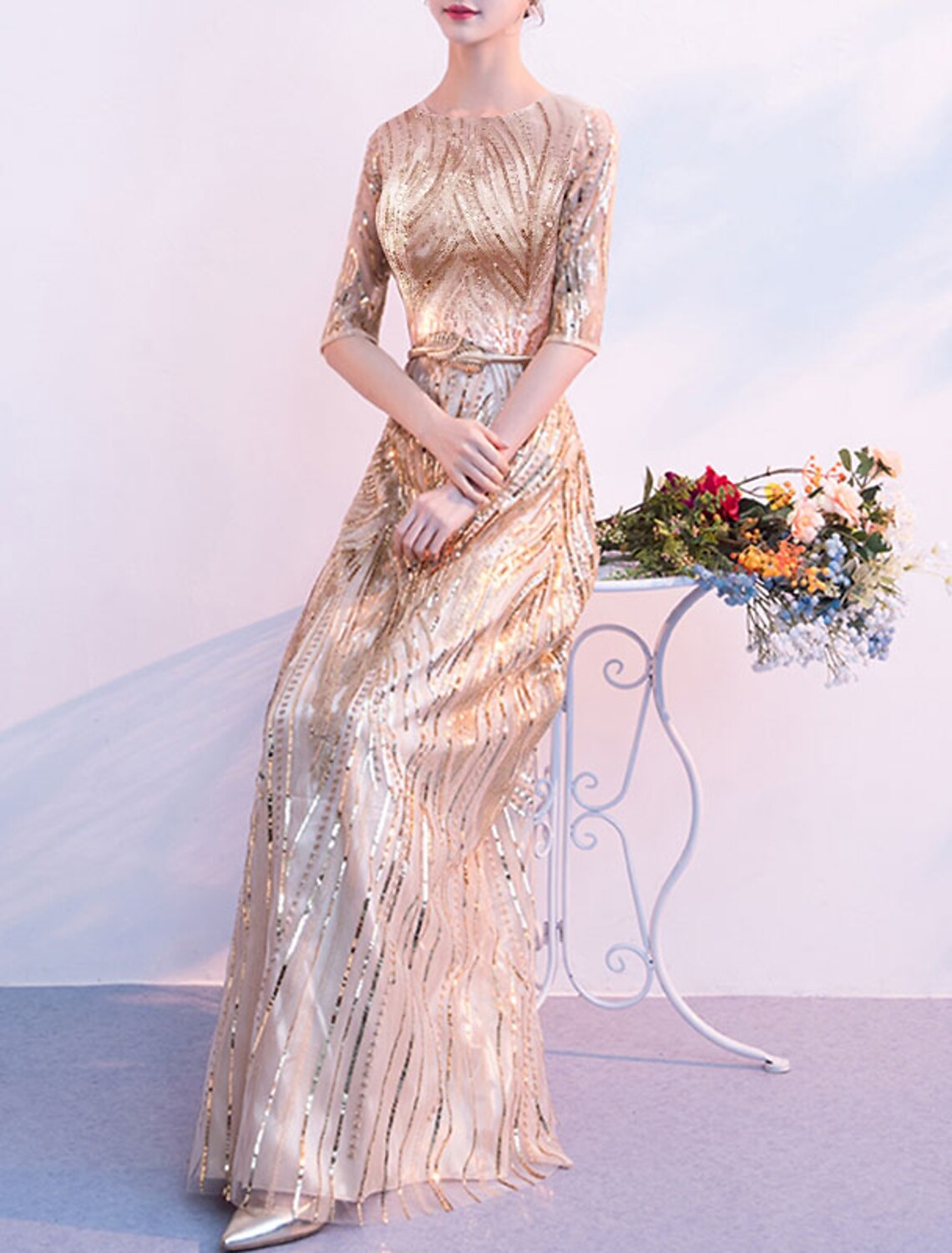 A-Line Minimalist Elegant Wedding Guest Formal Evening Dress Jewel Neck Half Sleeve Floor Length Sequined with Sash / Ribbon Sequin