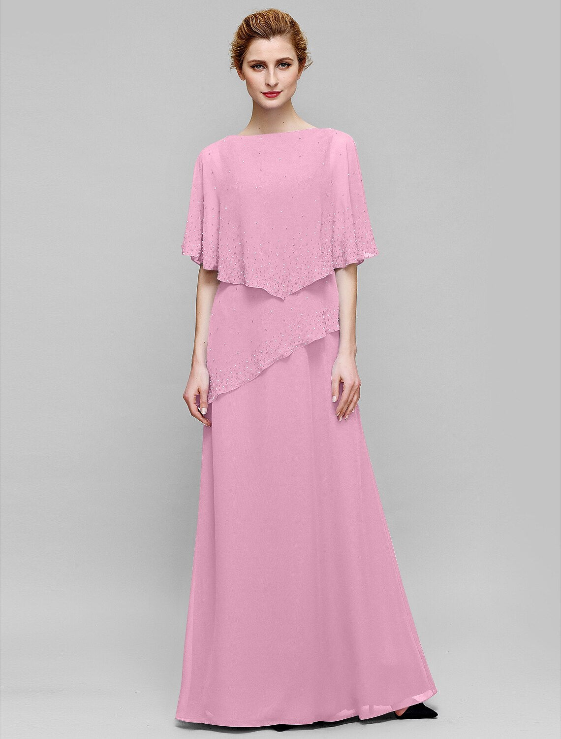Etuikleid/Säulenkleid für die Brautmutter, elegant, U-Boot-Ausschnitt, bodenlang, Chiffon, ärmellos, mit Perlenstickerei