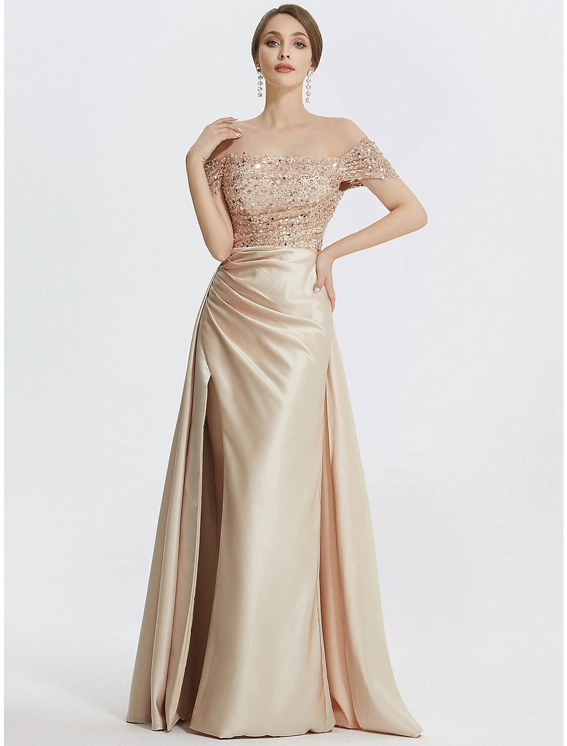 Etuikleid/Säulenkleid Abendkleid Elegantes Kleid Formal Bodenlang Kurzarm Schulterfrei Pailletten mit Glitzer Falten Schlitz