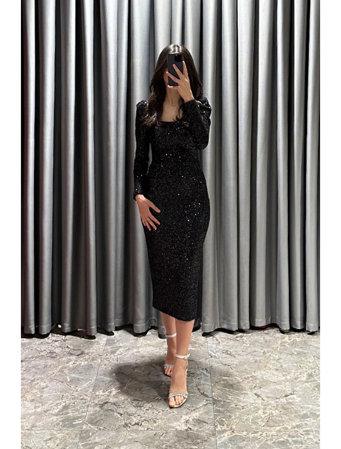 Robe de soirée fourreau/colonne élégante robe noire formelle automne longueur thé manches longues col carré paillettes avec fente scintillante
