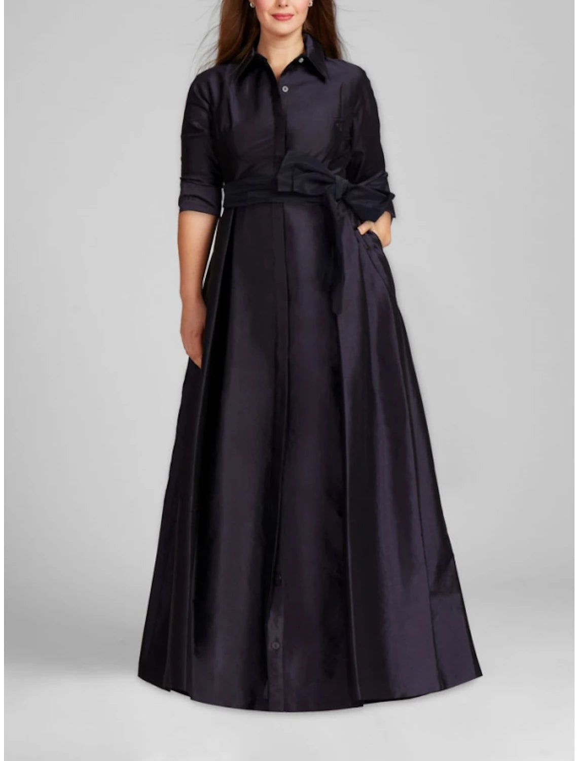 Satin A-Linie Abendkleid Champagner Gold Minimalistisch Schwarz Rot Grün Kleid Formal Herbst Bodenlang Halbarm Hemdkragen mit Schleife(n) Falten
