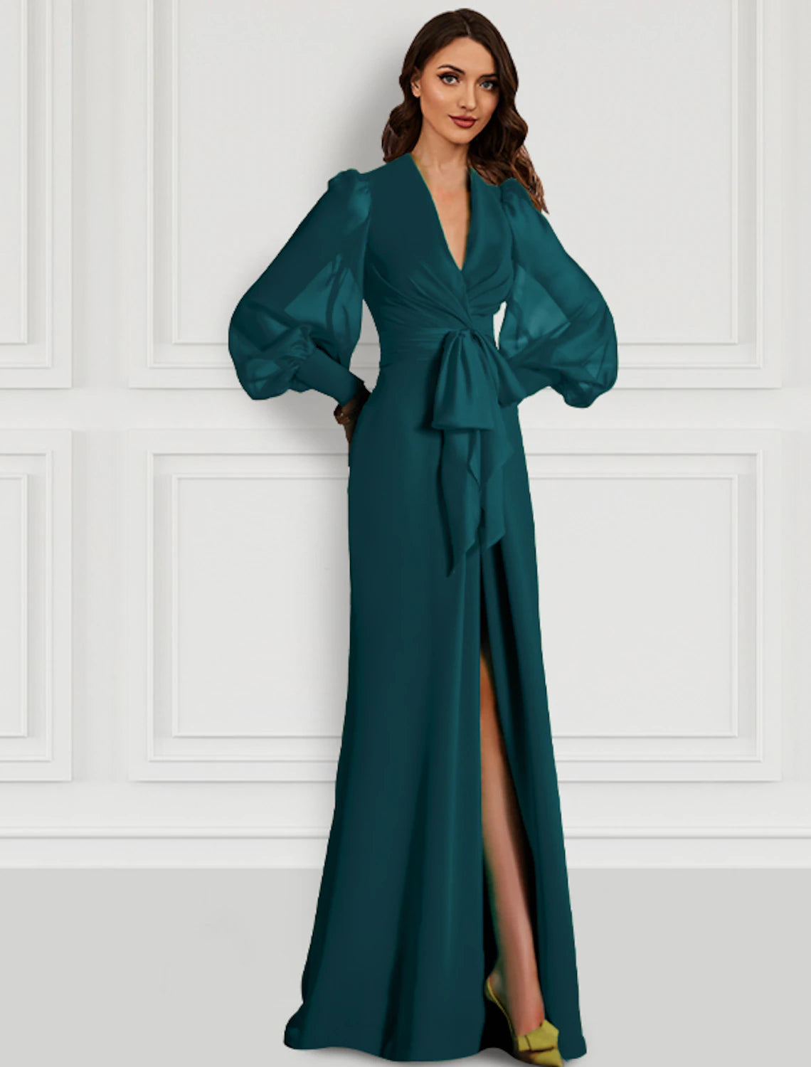 Robe de soirée sirène rouge et verte, élégante, tenue de soirée formelle, traîne à balayage/pinceau, manches longues, col en V, en mousseline de soie avec fente et bretelles