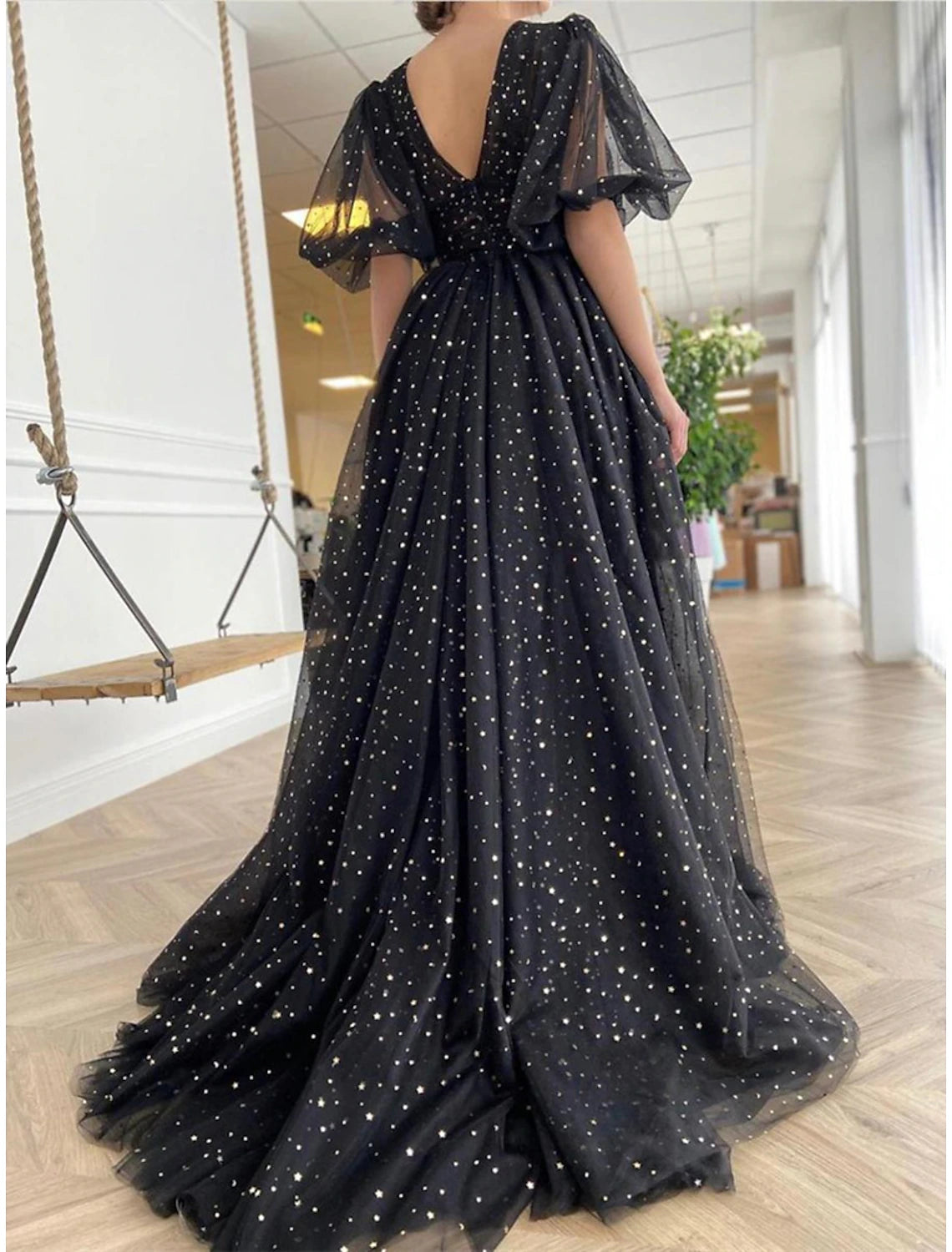 A-Line Prom Dresses Elegant Dress Wedding Guest Prom Court Train Half Sleeve V Neck Wednesday Addams Family Tulle V Back with Bow(s)
