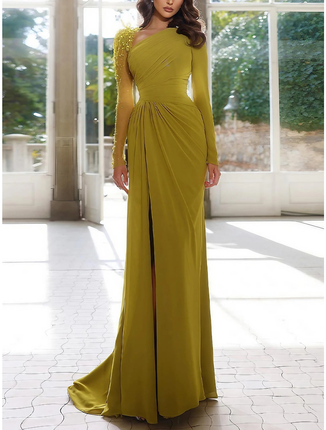 Etuikleid/Säulenkleid, elegantes Abendkleid, formell, rot, grün, Kleid mit Schleppe, lange Ärmel, Rundhalsausschnitt, Stretch-Chiffon mit Falten, gerüschte Pailletten