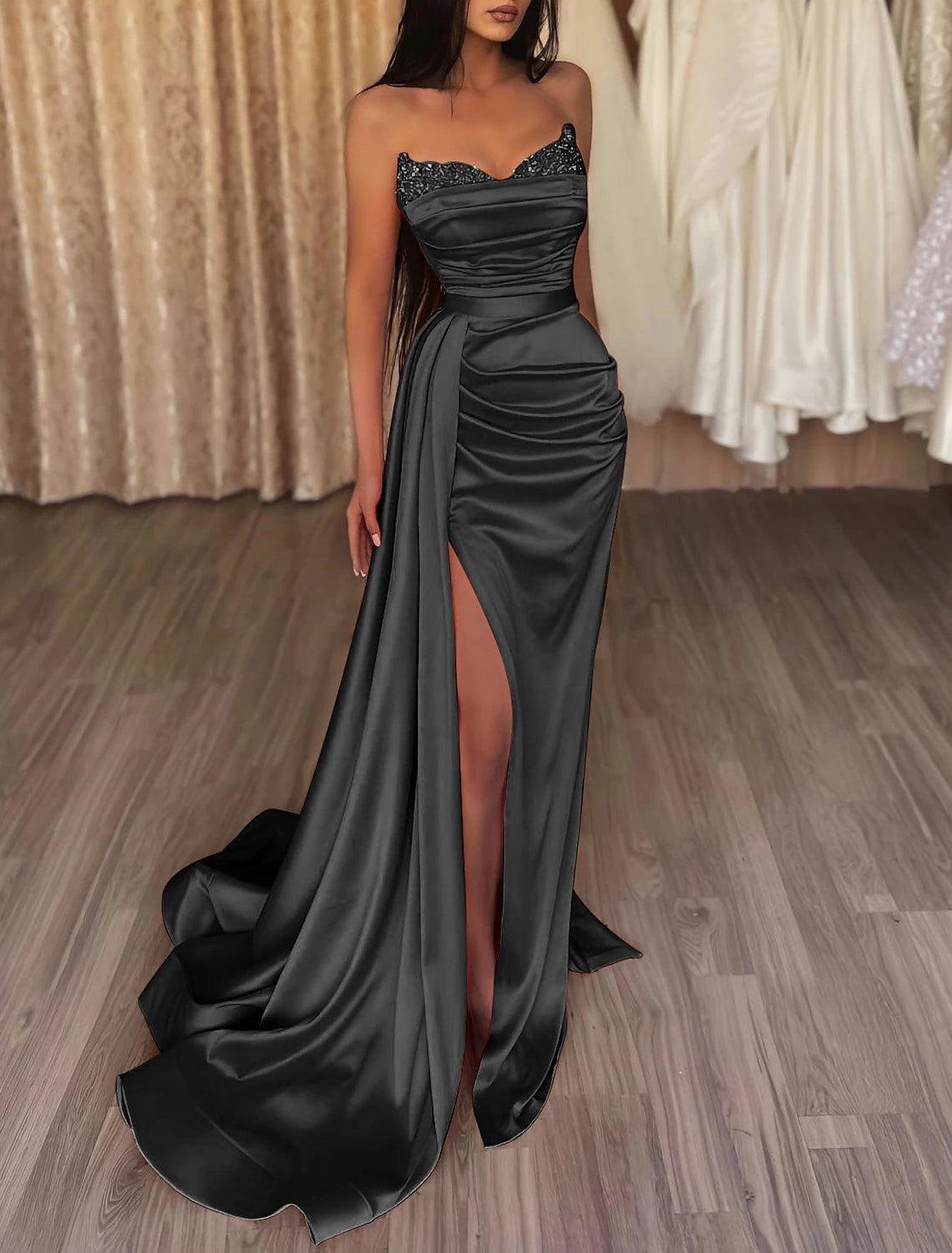 Meerjungfrau-Kleid mit Rüschen, Satinkleid, Cocktailparty, Abschlussball, Hofschleppe, ärmellos, trägerlos, Brautjungfernkleid mit Perlen, Pailletten, reine Farbe