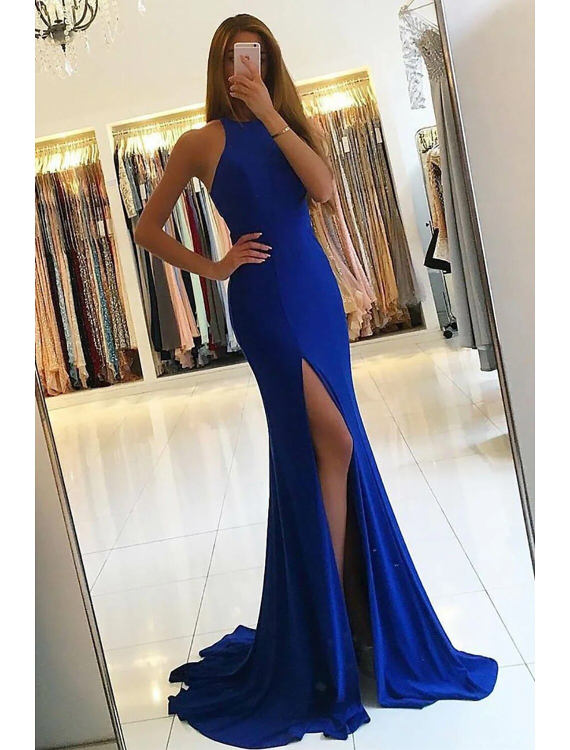 Robe de soirée sirène/trompette moulante, robe de bal formelle, traîne, sans manches, col haut, tissu extensible avec fente