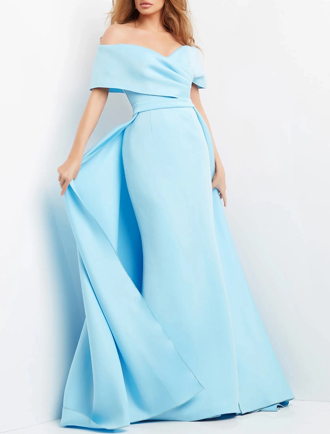 Etuikleid/Säulenkleid, elegantes Abendkleid, formelle Hochzeit, bodenlang, kurze Ärmel, Herzausschnitt, Stretch-Stoff mit Rüschen