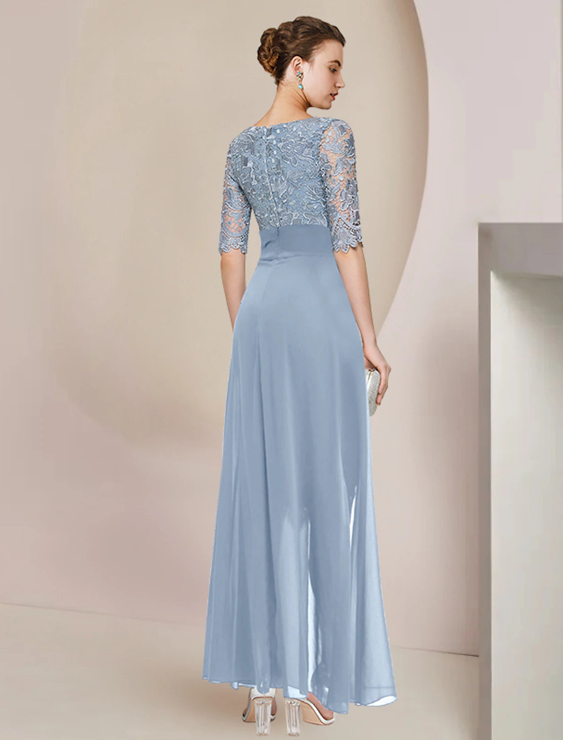 Etuikleid/Säulenkleid für die Brautmutter, formeller Hochzeitsgast, elegant, V-Ausschnitt, knielang, Chiffon, Spitze, halbe Ärmel mit Applikationen