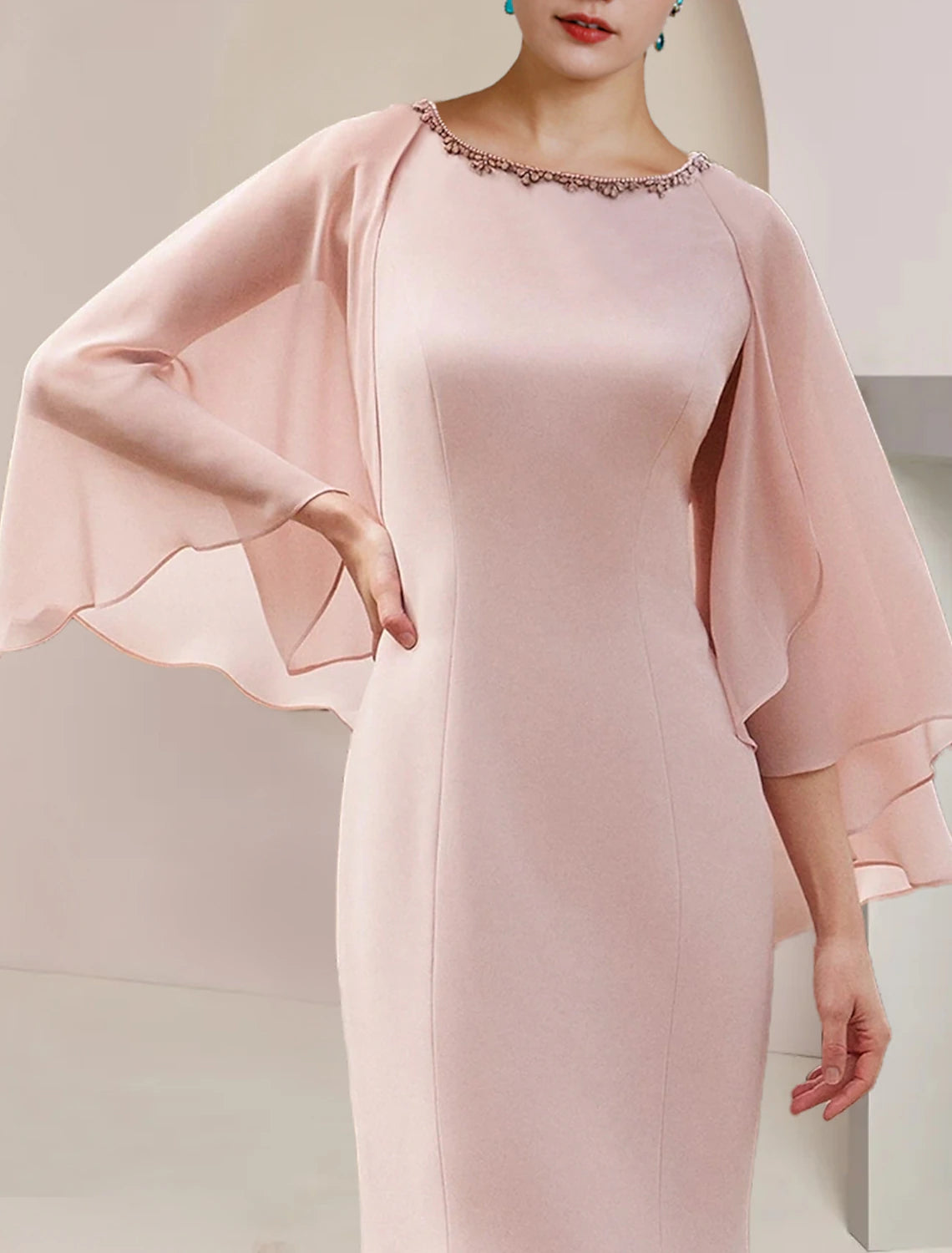 Meerjungfrau/Trompete Kleid für die Mutter der Braut, formeller Hochzeitsgast, elegant, Vintage, Party, Rundhalsausschnitt, asymmetrisch, teelang, Chiffon, ärmellos, mit Perlen