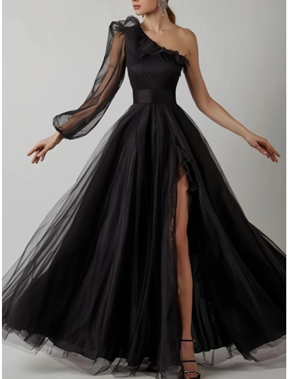 Etuikleid Partykleid Ballkleid Elegantes Kleid Abschlussball Geburtstag Bodenlang Langarm Ein Schulter Tüll mit Falten Rüschen Schlitz