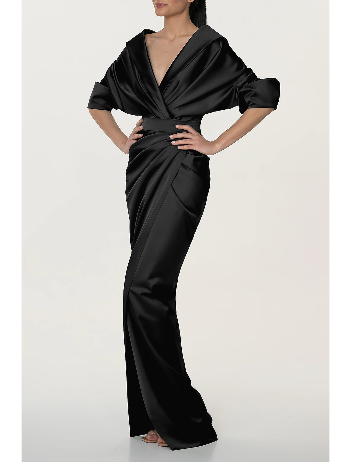 A-Linie Abendkleid Schwarzes Kleid Elegantes Kleid Formeller Herbst Sweep / Brush Train Halbarm V-Ausschnitt Satin mit gerüschtem Schlitz