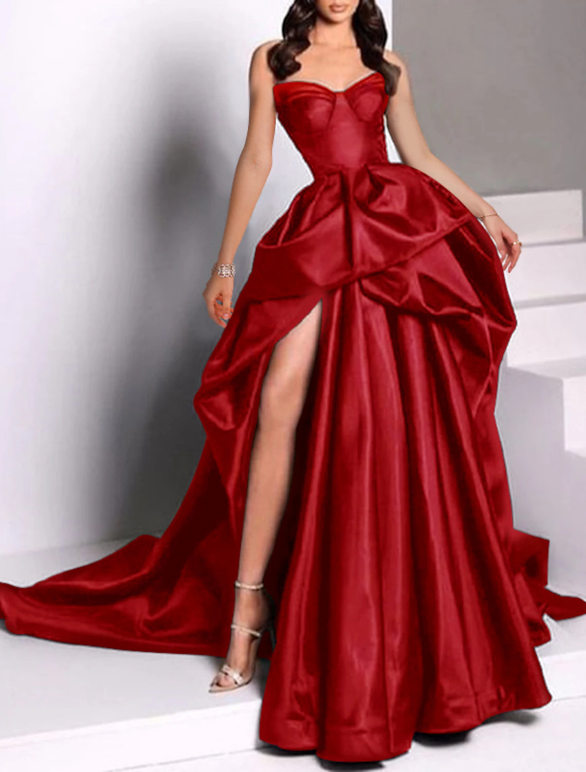 Robe de soirée trapèze noire grande taille, tenue de carnaval, mascarade, traîne, sans manches, sans bretelles, style Mercredi, famille Addams, satin avec fente, couleur pure, bal de promo