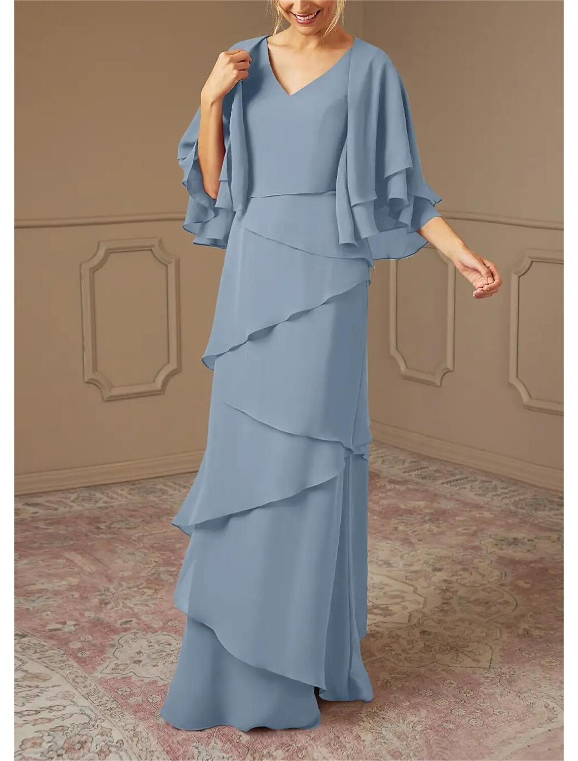A-Linien-Kleid für die Mutter der Braut, formeller Hochzeitsgast, elegant, V-Ausschnitt, bodenlang, Chiffon, halbe Ärmel, Wickelkleid inklusive, mit kaskadierenden Rüschen, einfarbig
