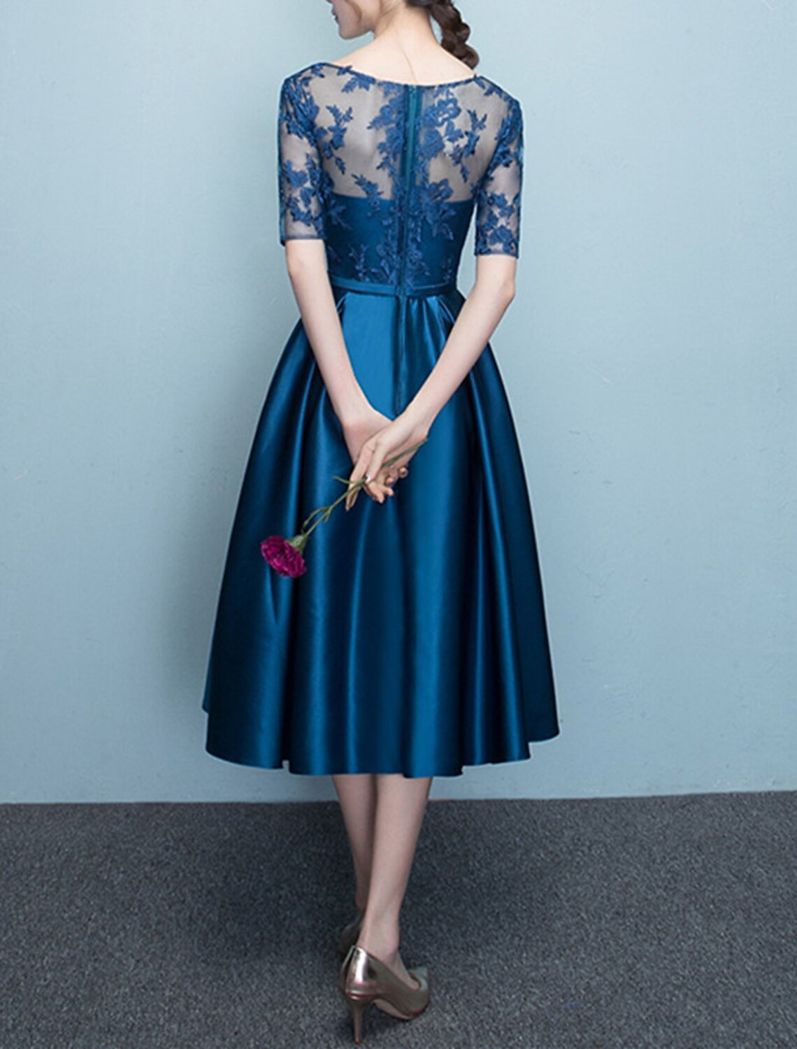 A-Linien-Kleid für die Brautmutter, elegant, Vintage, Rundhalsausschnitt, knielang, Satin, Spitze, halbe Ärmel, mit Schleife(n), Falten