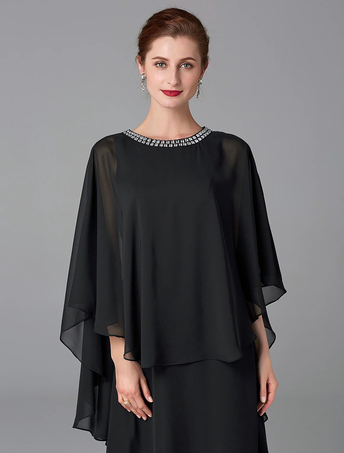 A-Line Mother of the Bride Dress Wedding Guest Elegant Plus Size Jewel Neck Floor Length Chiffon Sleeveless with Beading