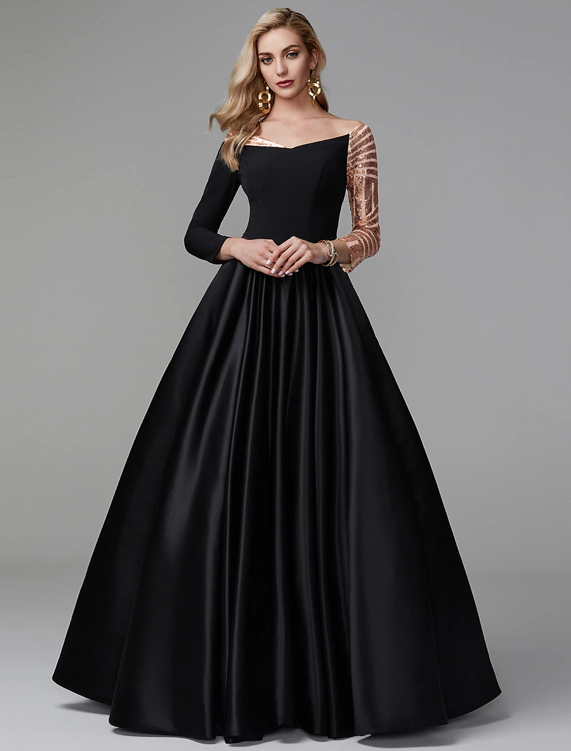 Robe de bal vintage Quinceanera, soirée formelle, longueur au sol, manches longues, épaules dénudées, satin avec paillettes