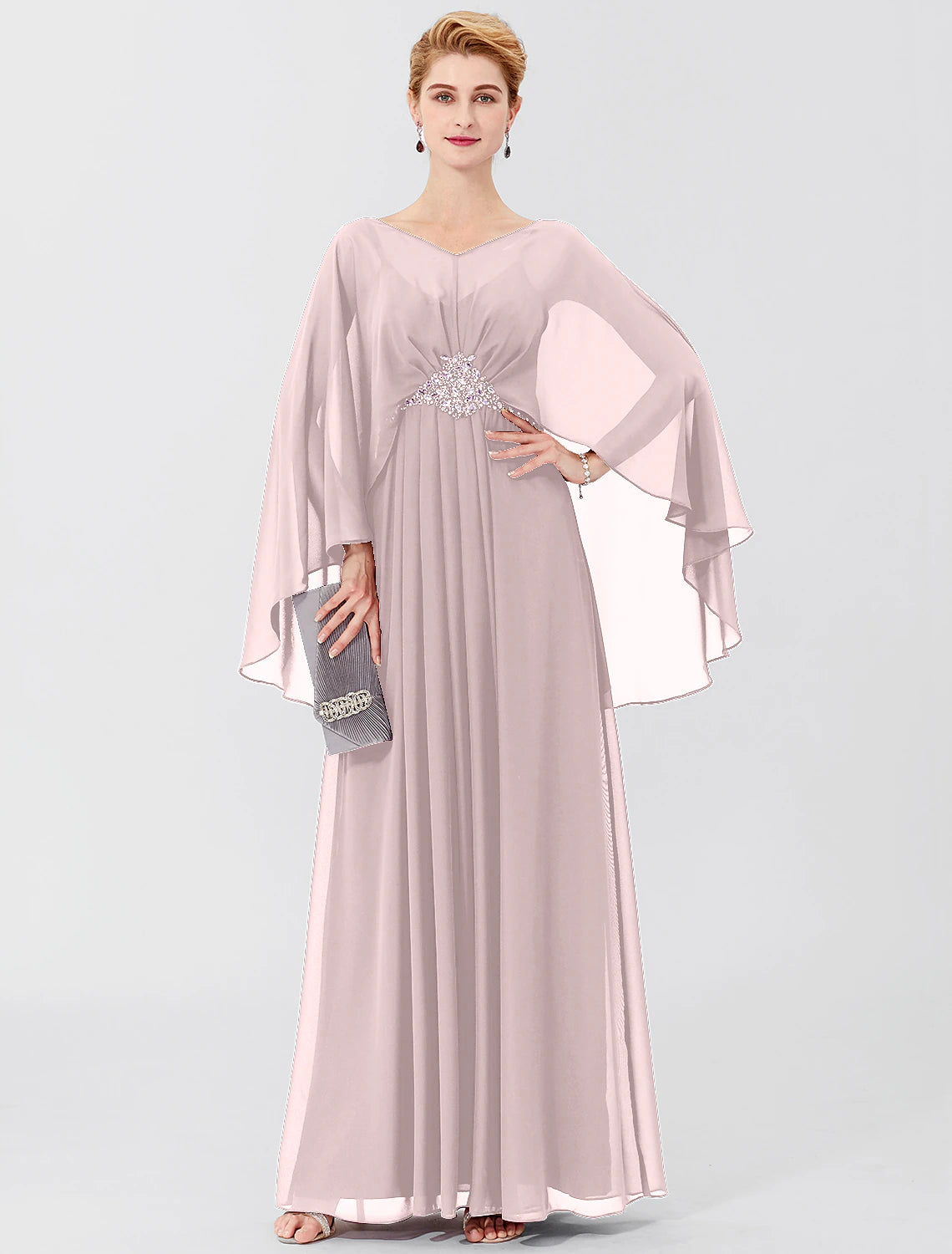 Etuikleid/Säulenkleid für die Mutter der Braut, formell, elegant, klassisch und zeitlos, elegant und luxuriös, V-Ausschnitt, bodenlang, Chiffon, lange Ärmel, mit Falten, Perlenbesatz