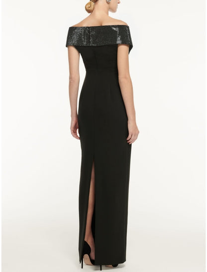 Sheath / Column Evening Gown Elegant Dress Formal Ankle Length Black Dress Short Sleeve Off Shoulder Imitation Silk with Slit