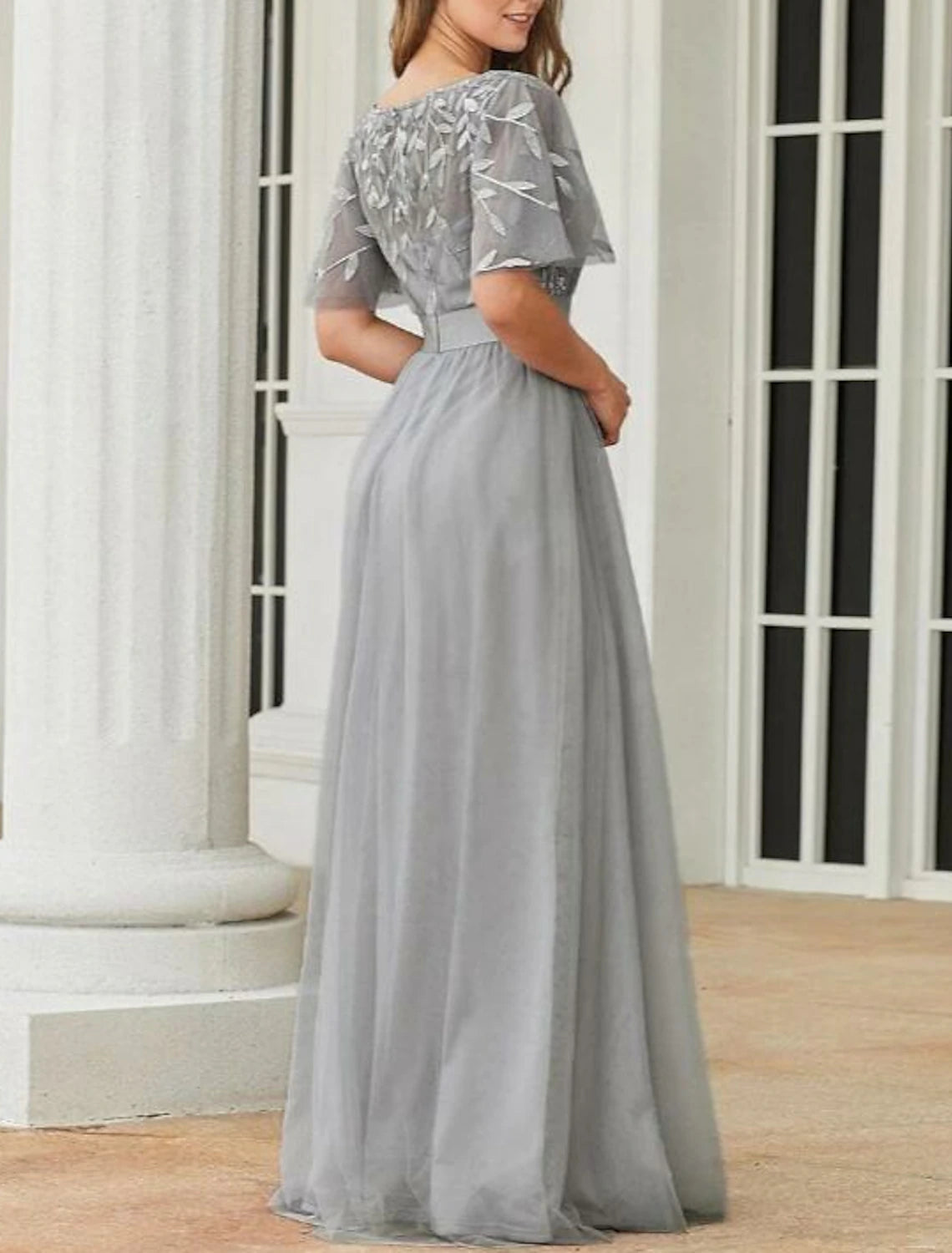 A-Line Prom Dresses Empire Dress Party Wear Prom Floor Length Short Sleeve Jewel Neck Bridesmaid Dress Tulle with Appliques