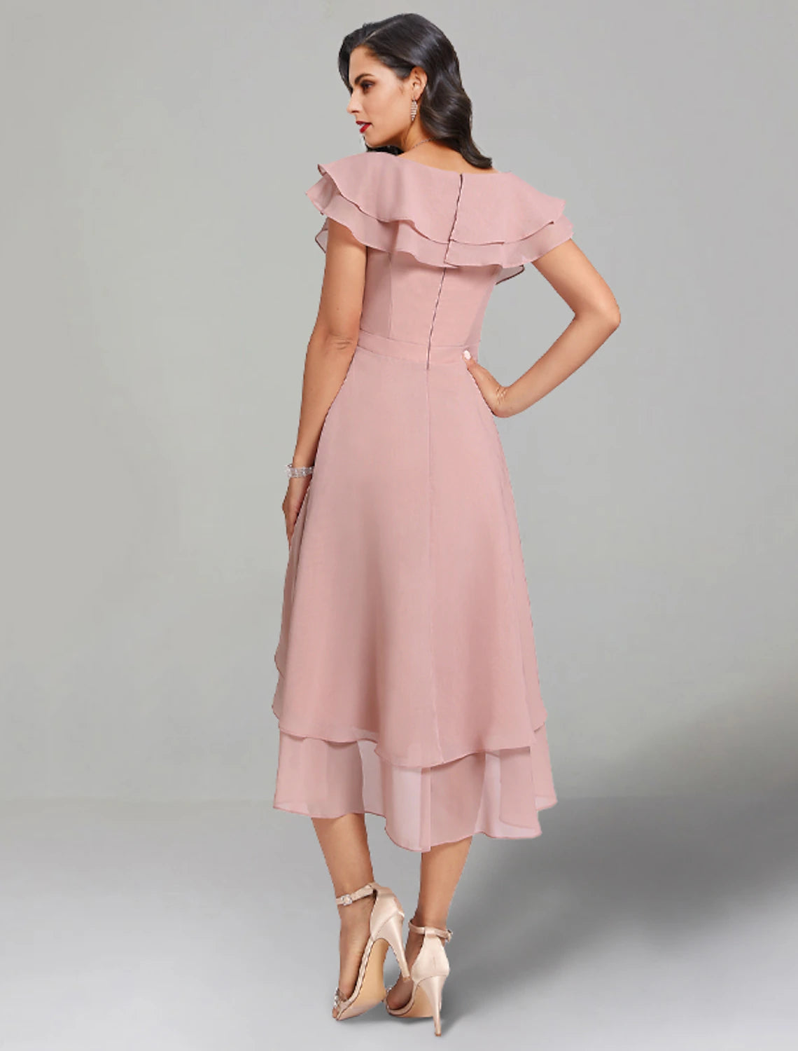 Robe de mariée trapèze élégante, robe de cocktail, robe semi-formelle, longueur thé, manches courtes, col en V, mousseline avec fente